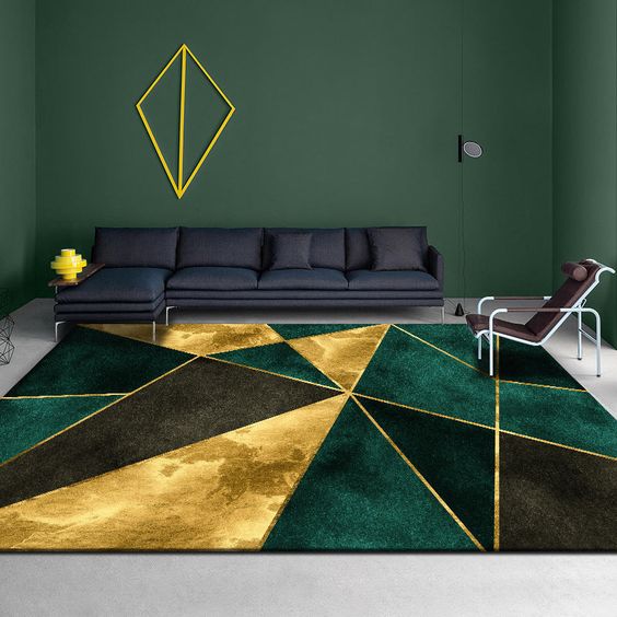 Dark Green and Golden Color Geomatrical Design Rug