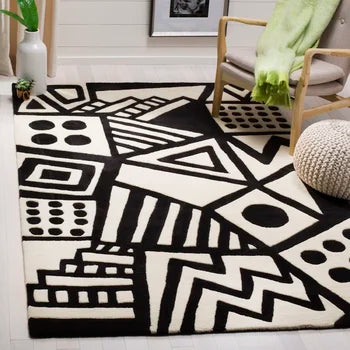 Ivory and Black Color Geomatrical Design Area Rug-bisha-rugs
