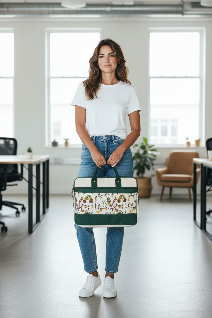 Traditional Art Print Jute Laptop Bag - Timeless Art, Modern Professional