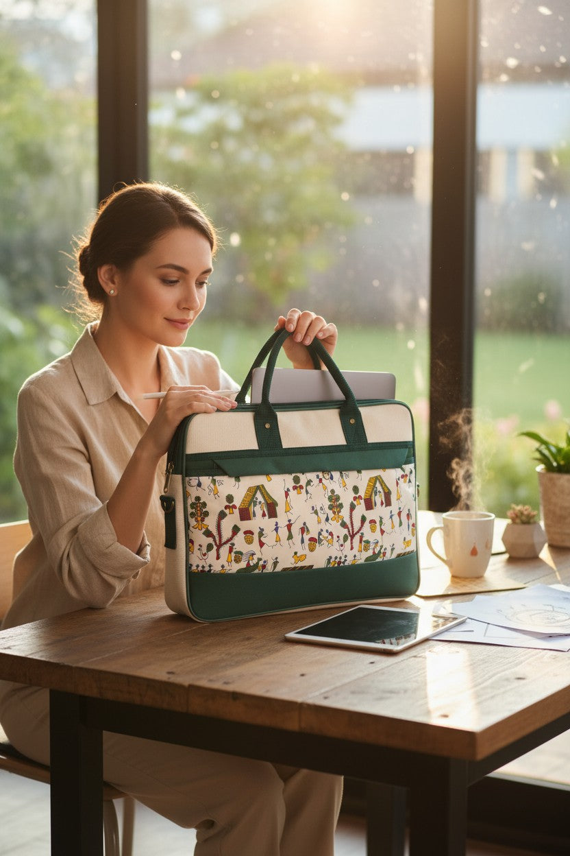 Traditional Art Print Jute Laptop Bag - Timeless Art, Modern Professional