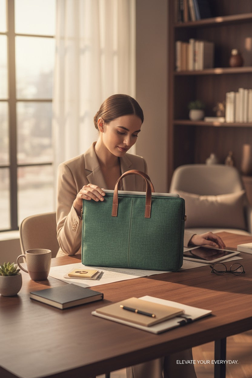 Elegant Green Jute Laptop Sleeve - Minimalist Design with PU Leather Touch