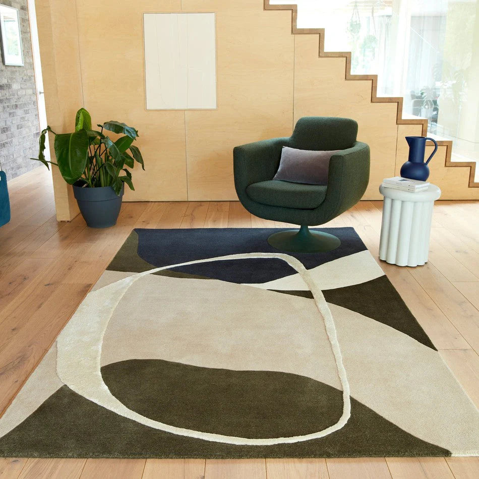 Modern Design Rug in Moss Green and Blue Color -Bisha Rugs