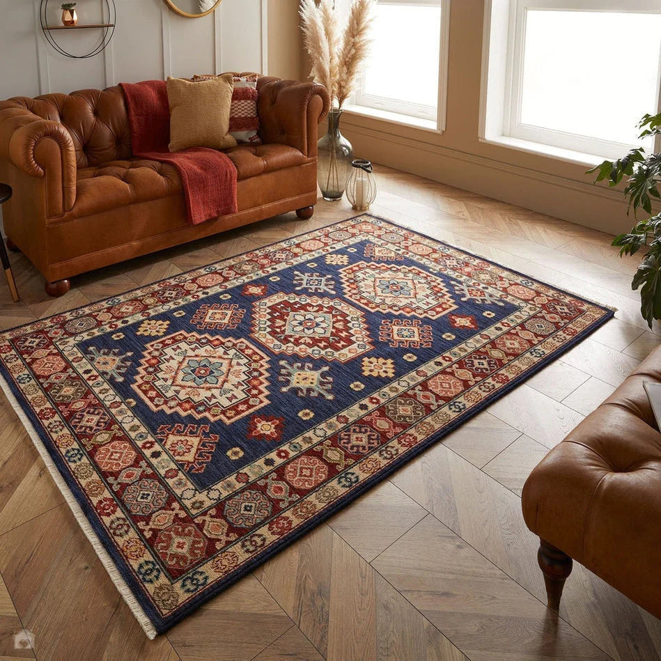 Traditional Persian Medallion Border Wool Navy Blue