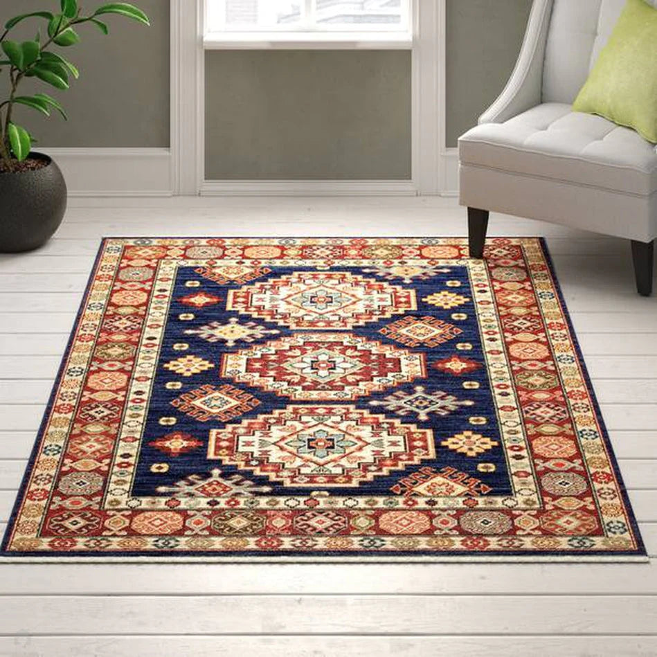 Traditional Persian Medallion Border Wool Navy Blue