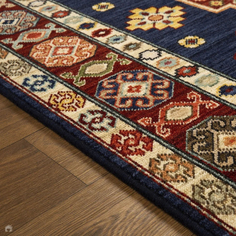 Traditional Persian Medallion Border Wool Navy Blue