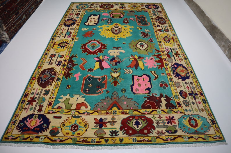 Sky Blue Turquoise Design Oushak Wool Area Rug