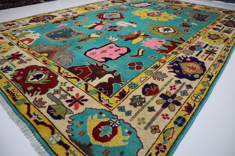Sky Blue Turquoise Design Oushak Wool Area Rug