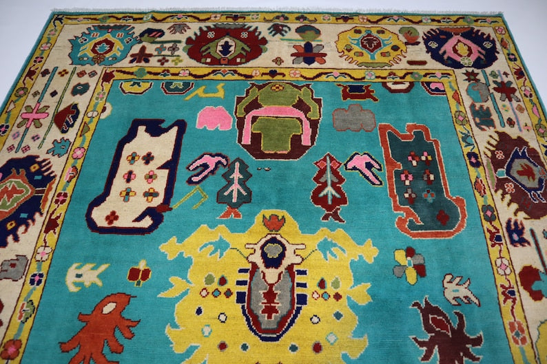 Sky Blue Turquoise Design Oushak Wool Area Rug