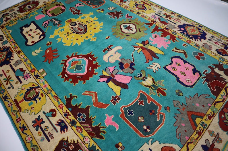 Sky Blue Turquoise Design Oushak Wool Area Rug