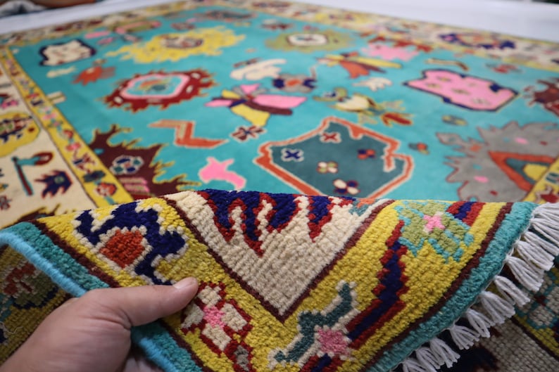 Sky Blue Turquoise Design Oushak Wool Area Rug
