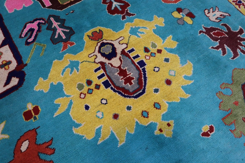 Sky Blue Turquoise Design Oushak Wool Area Rug