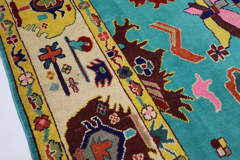 Sky Blue Turquoise Design Oushak Wool Area Rug