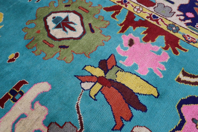Sky Blue Turquoise Design Oushak Wool Area Rug