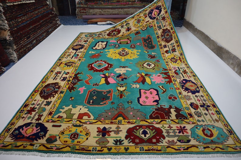 Sky Blue Turquoise Design Oushak Wool Area Rug