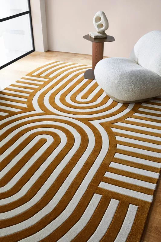 Mustard & White Color Modern Design Hand-Tufted Area Rug For Living Room-Bisha Rugs