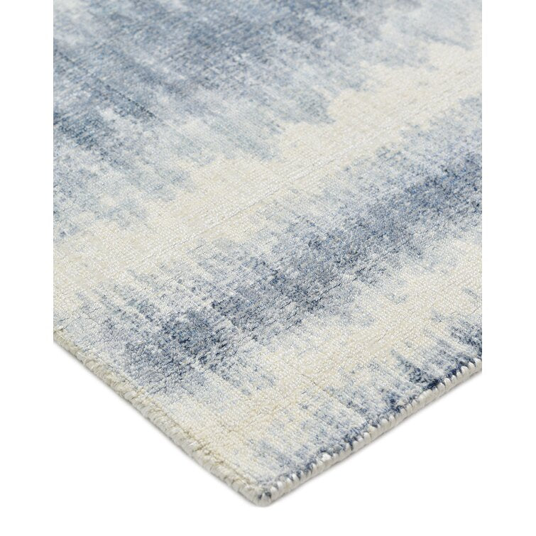 White and Light Blue Color Wool Area Rug