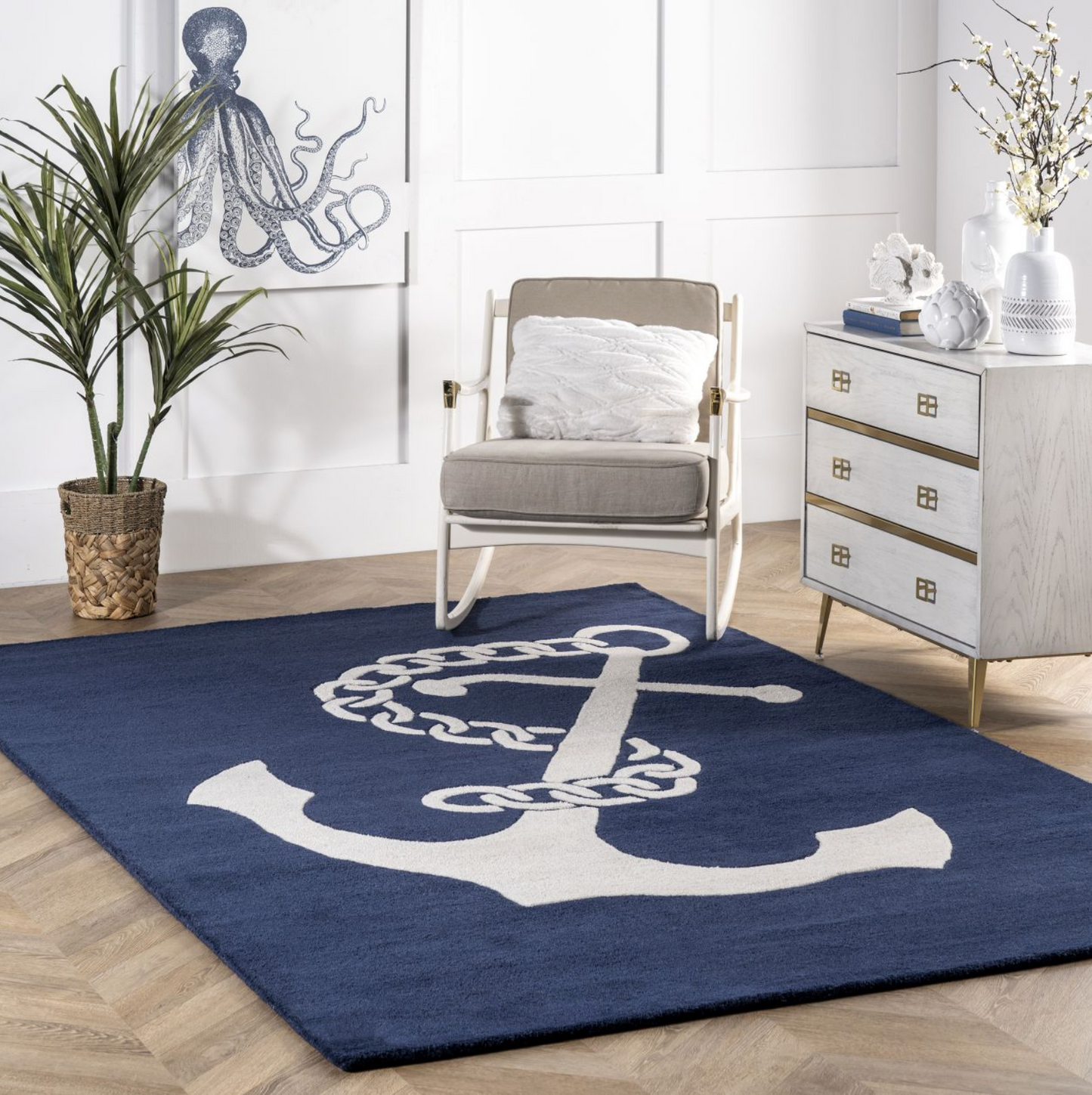 Navy Nautical Anchor Area Rug