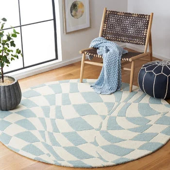 Light Blue and White Round Area Rug