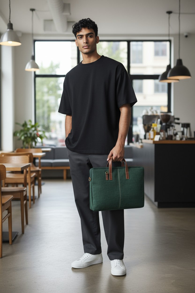 Elegant Green Jute Laptop Sleeve - Minimalist Design with PU Leather Touch