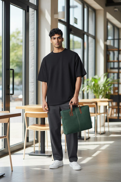 Elegant Green Jute Laptop Sleeve - Minimalist Design with PU Leather Touch