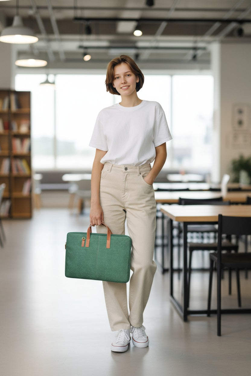 Elegant Green Jute Laptop Sleeve - Minimalist Design with PU Leather Touch