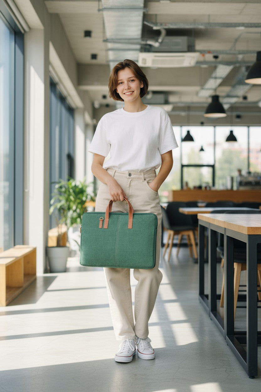 Elegant Green Jute Laptop Sleeve - Minimalist Design with PU Leather Touch