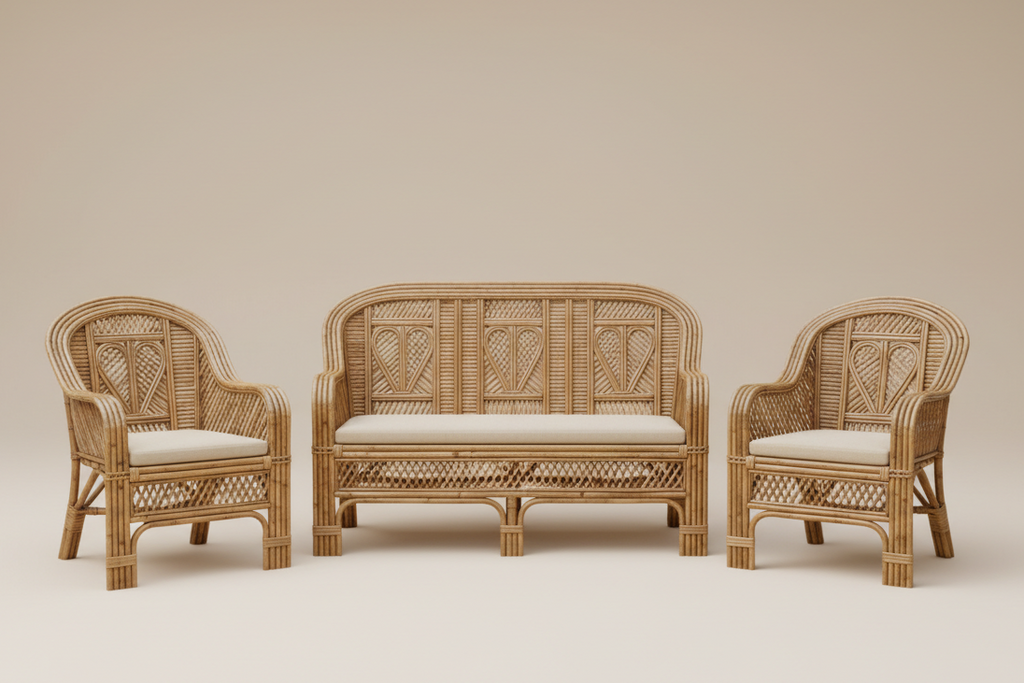 Wicker furniture set with cushioned seats on a beige background