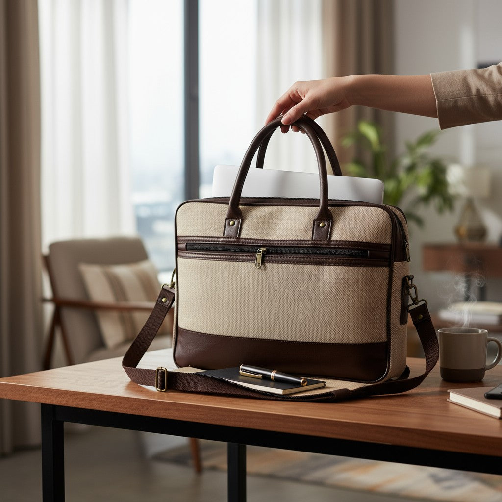 Handcrafted Jute & Leather Laptop Bag – Durable Office & Travel Briefcase