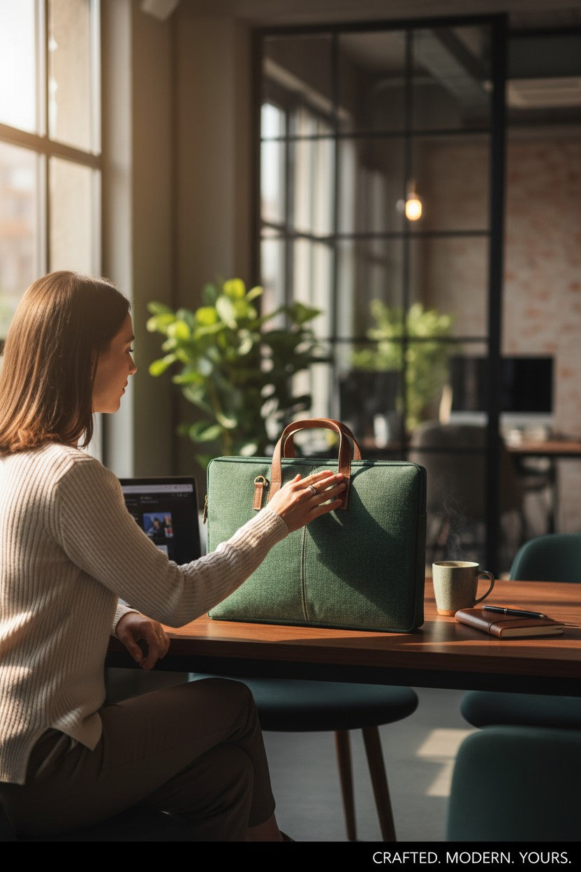 Elegant Green Jute Laptop Sleeve - Minimalist Design with PU Leather Touch