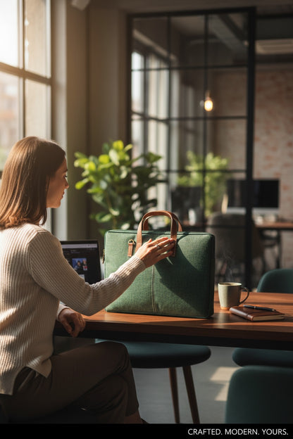 Elegant Green Jute Laptop Sleeve - Minimalist Design with PU Leather Touch