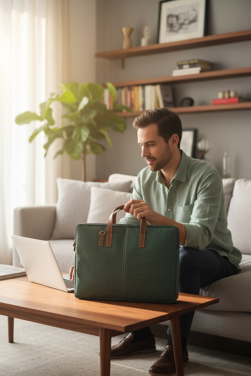 Elegant Green Jute Laptop Sleeve - Minimalist Design with PU Leather Touch