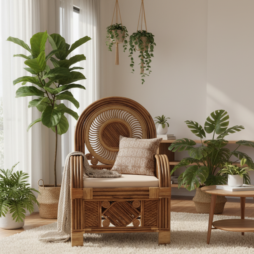 Mandala-Back Natural Cane Accent Chair