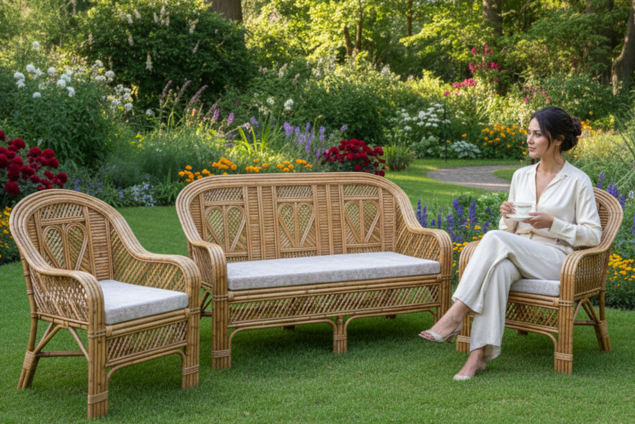 Woman sitting on a wicker chair in a garden with a wicker sofa and chair set.