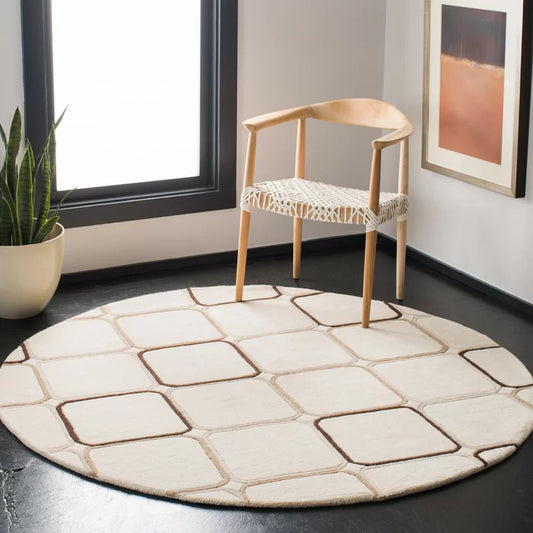 White Round Rug with Geometrical Patterns for Bedroom & Living Room.