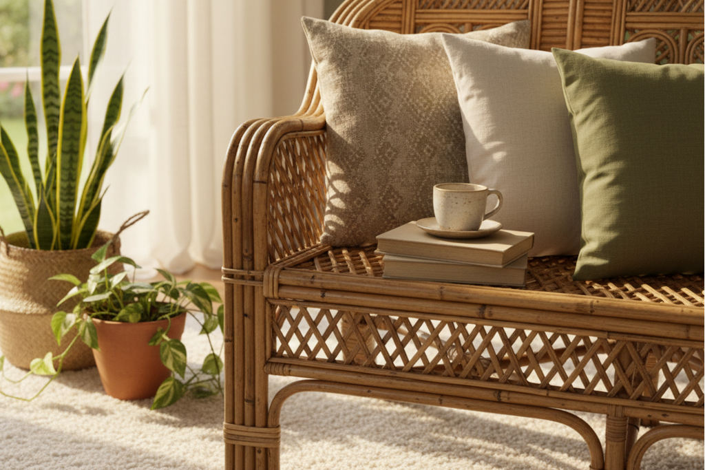 Wicker chair with cushions and a cup of coffee, surrounded by potted plants in a bright room.